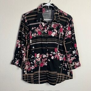 7th Avenue Womens L Design Studio Dark Floral Button Down Top Black‎ Grunge